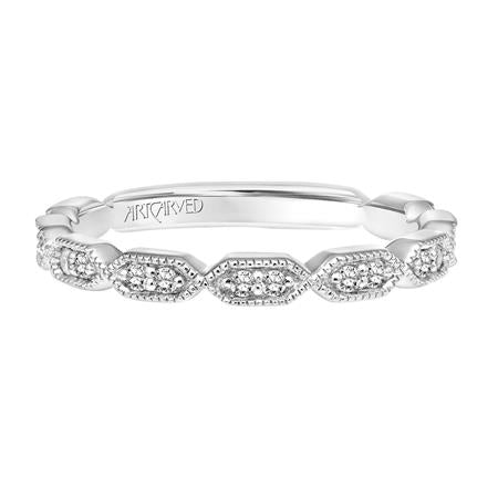 Milgrain Hexagon 14K White Gold Wedding Band with 0.16ct Natural Diamond