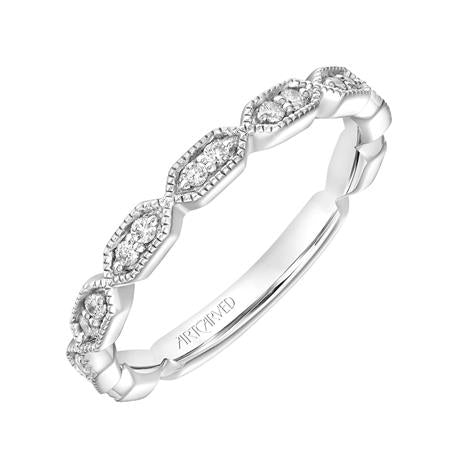 Milgrain Hexagon 14K White Gold Wedding Band with 0.16ct Natural Diamond