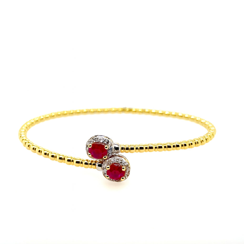 14 Karat Two-Tone Diamond and Ruby Wrap Oval Bangle Bracelet - Elegant 0.98 Carat Beauty