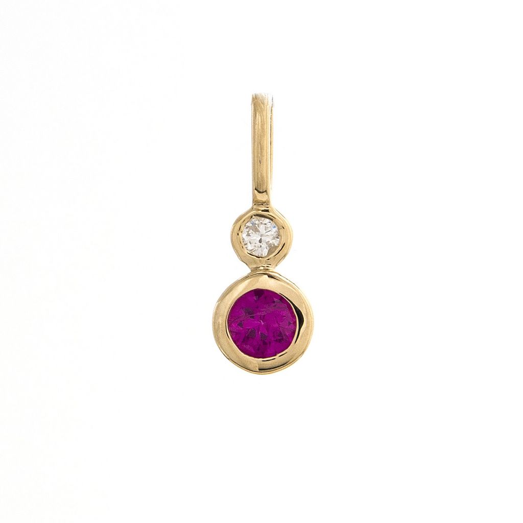 Sure, how about this title: 14 Karat Yellow Gold Bezel Set Ruby Necklace - 0.18 ct Round Shape