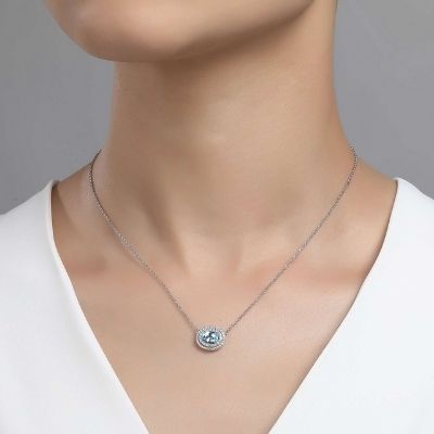 Lafonn Blue Topaz Oval Necklace in Platinum Coated Sterling Silver - 0.76 ct