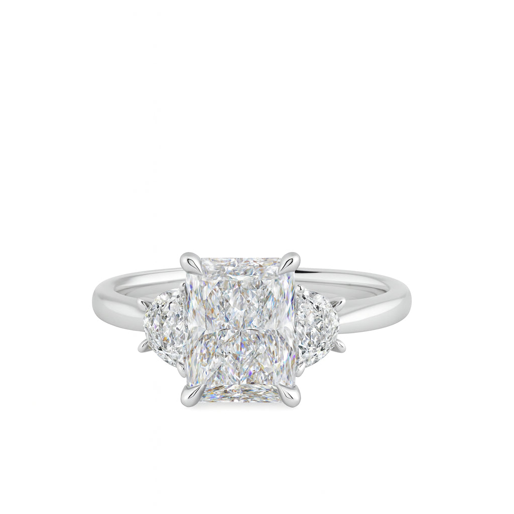 Radiant & Half Moon White Diamond Bridge Engagement Ring in 14 Karat White Gold with Lab Diamonds, Radiant Shape, 2.11 Carats