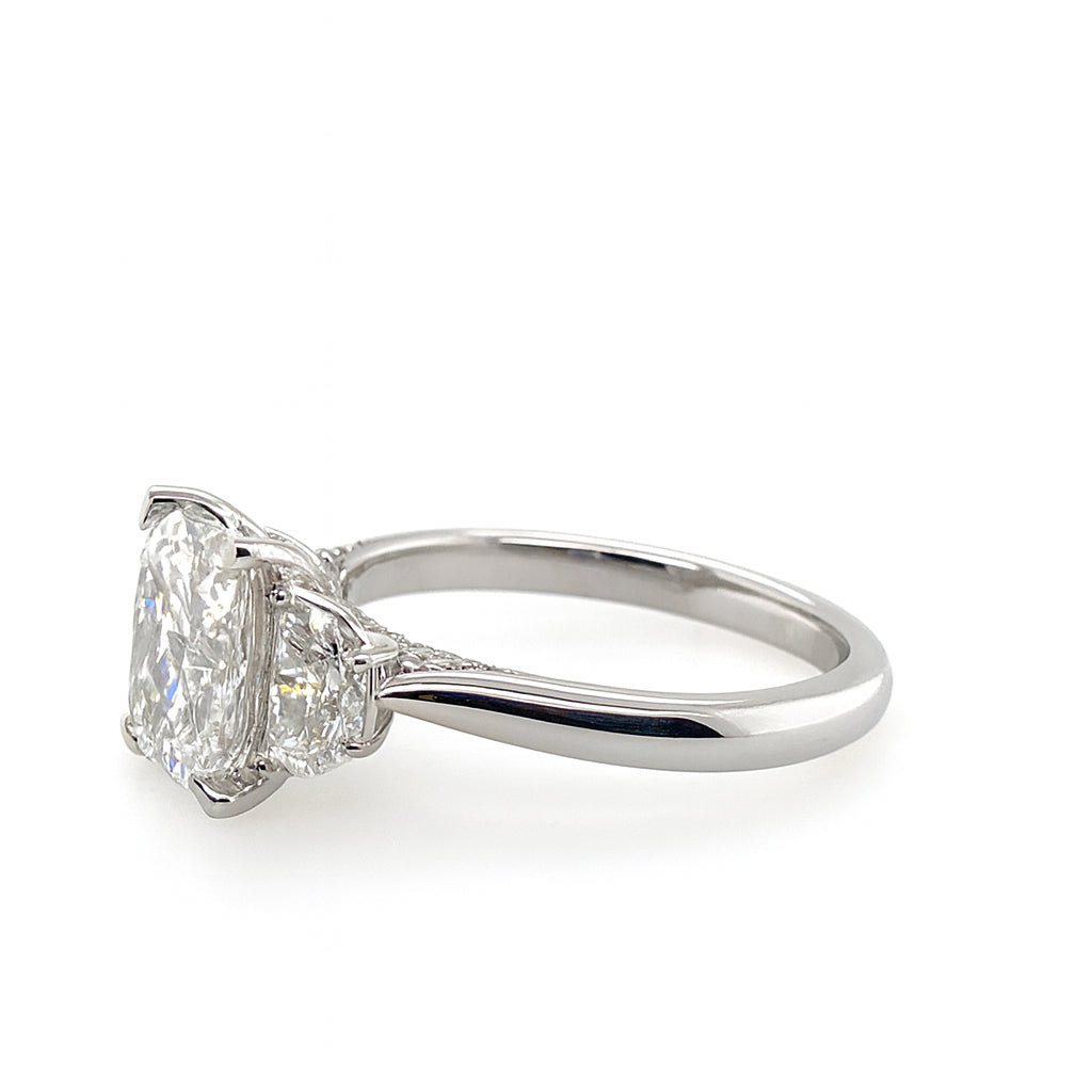 Radiant & Half Moon White Diamond Bridge Engagement Ring in 14 Karat White Gold with Lab Diamonds, Radiant Shape, 2.11 Carats