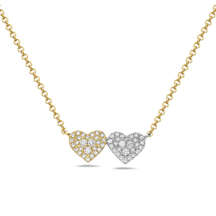 14 Karat Two-Tone Double Heart Necklace with Natural Diamond, Round Shape 0.18 Carat