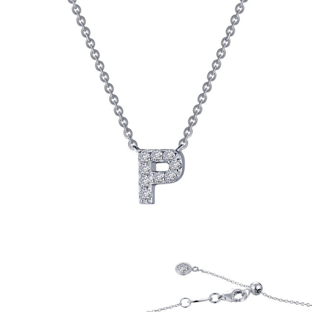 Lassaire Block Letter P Necklace in Platinum Coated Sterling Silver - 0.37 carat