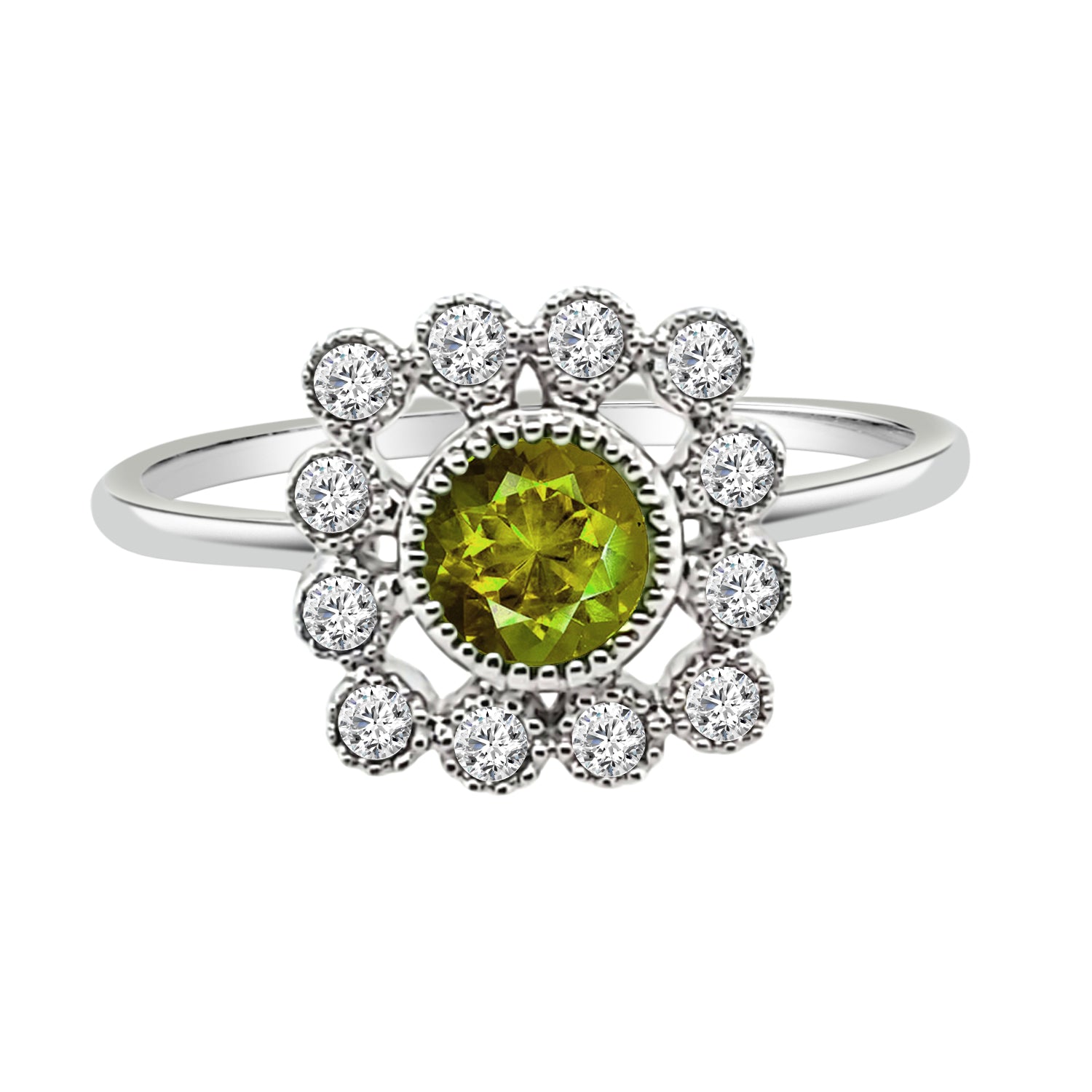 14 Karat White Gold Milgrain Bezel Halo Ring with 0.50ct Peridot