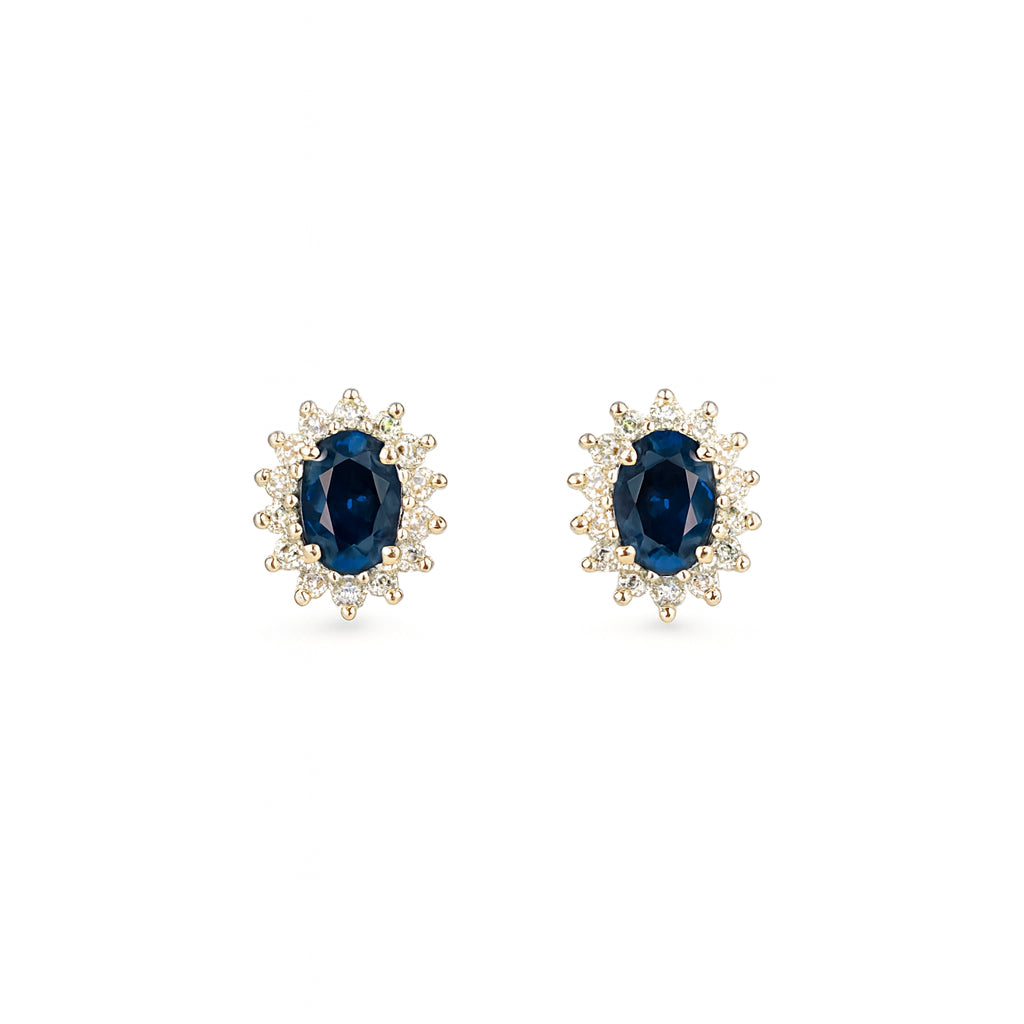 14K Yellow Gold Halo Stud Earrings with Blue Sapphire Oval Shaped Gems (0.55 ct)