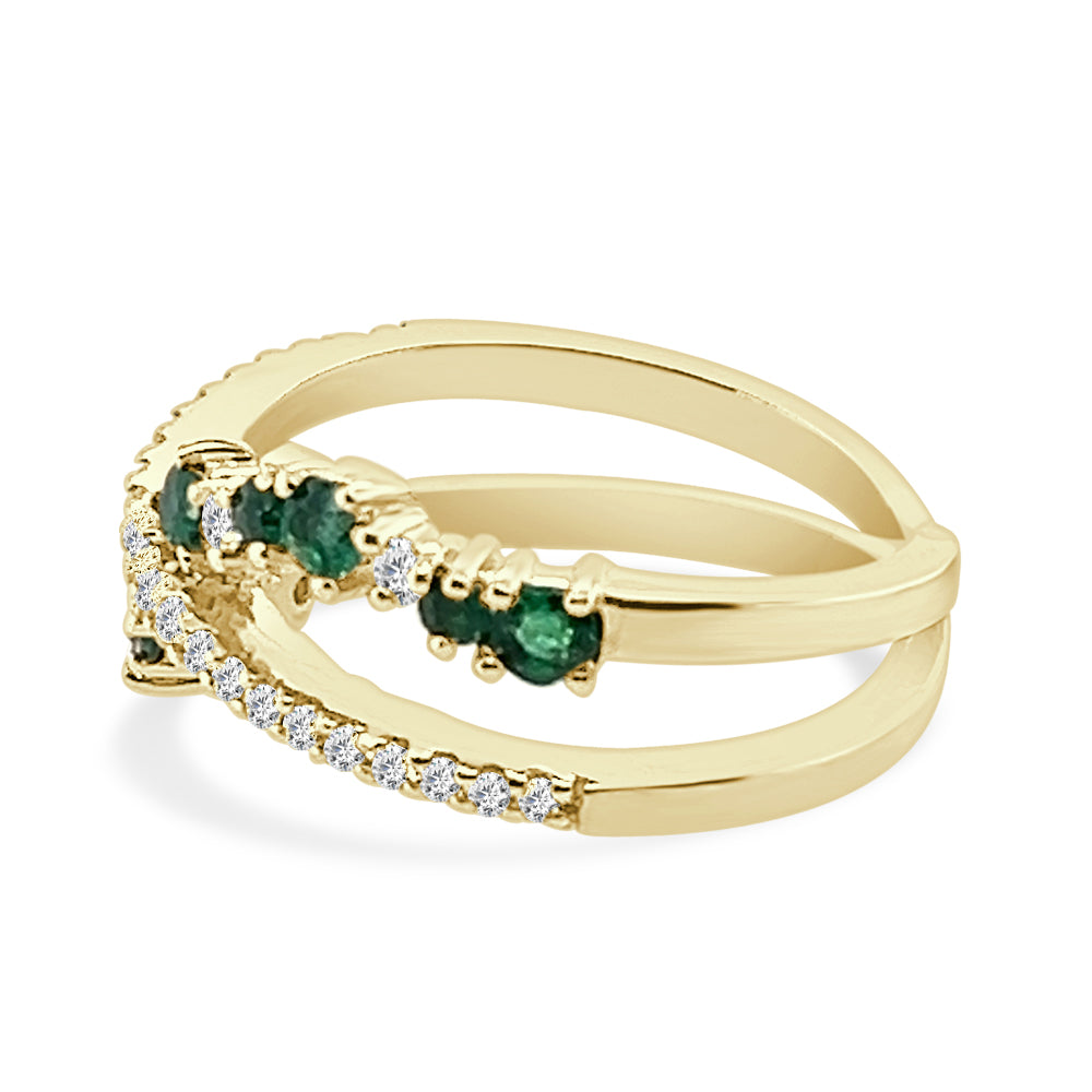 Emerald and Diamond Criss-Cross Ring in 14 Karat Yellow Gold, Round Shape 0.70 Carat