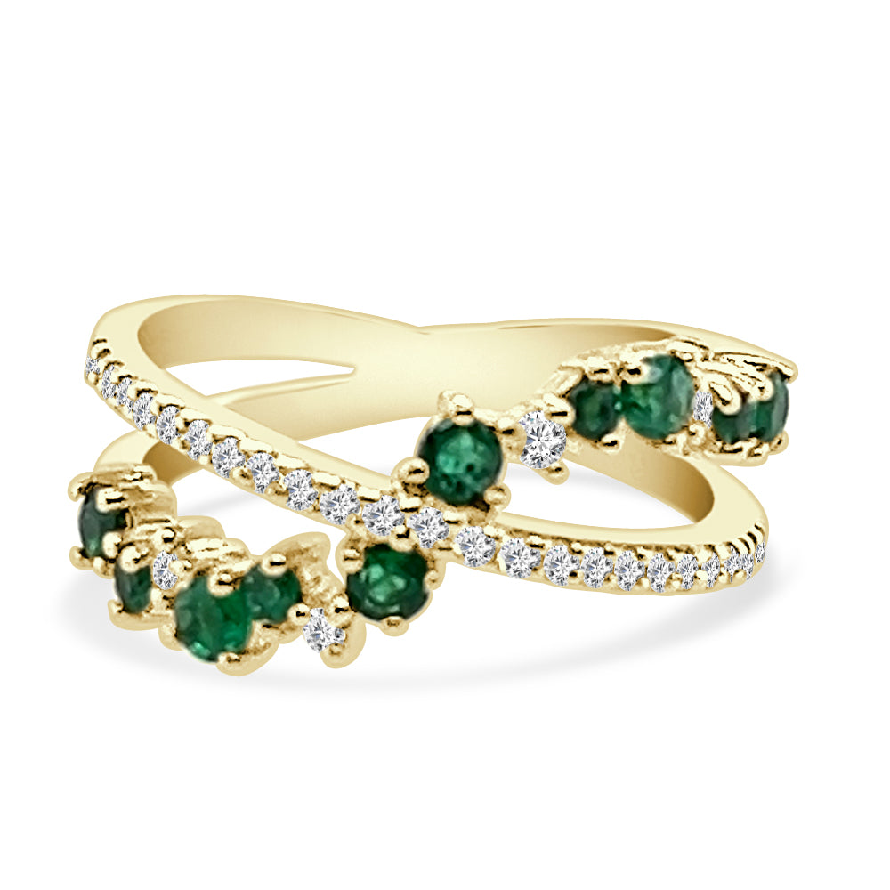 Emerald and Diamond Criss-Cross Ring in 14 Karat Yellow Gold, Round Shape 0.70 Carat