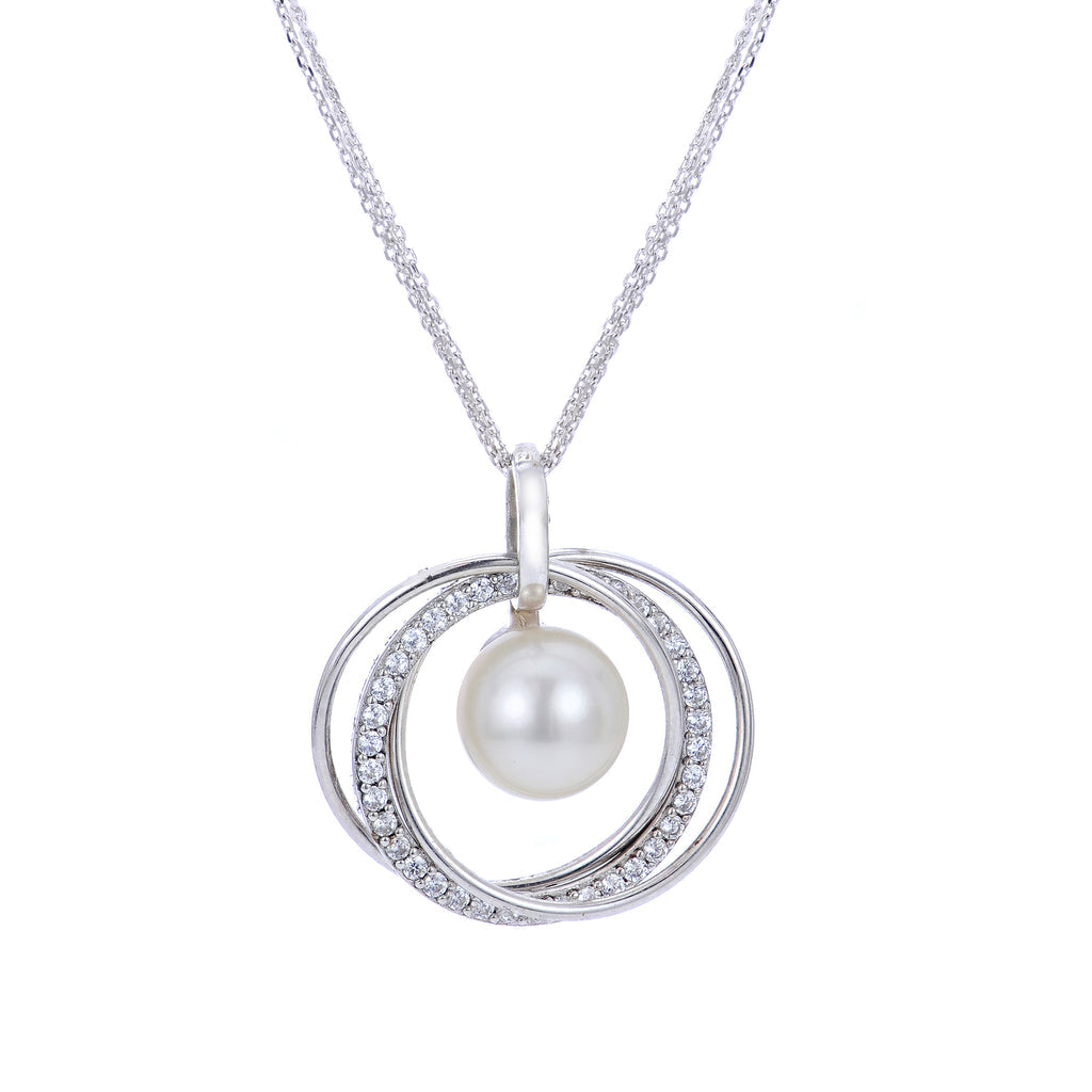 Triple Strand Sterling Silver Necklace with Cultured Pearl Accent