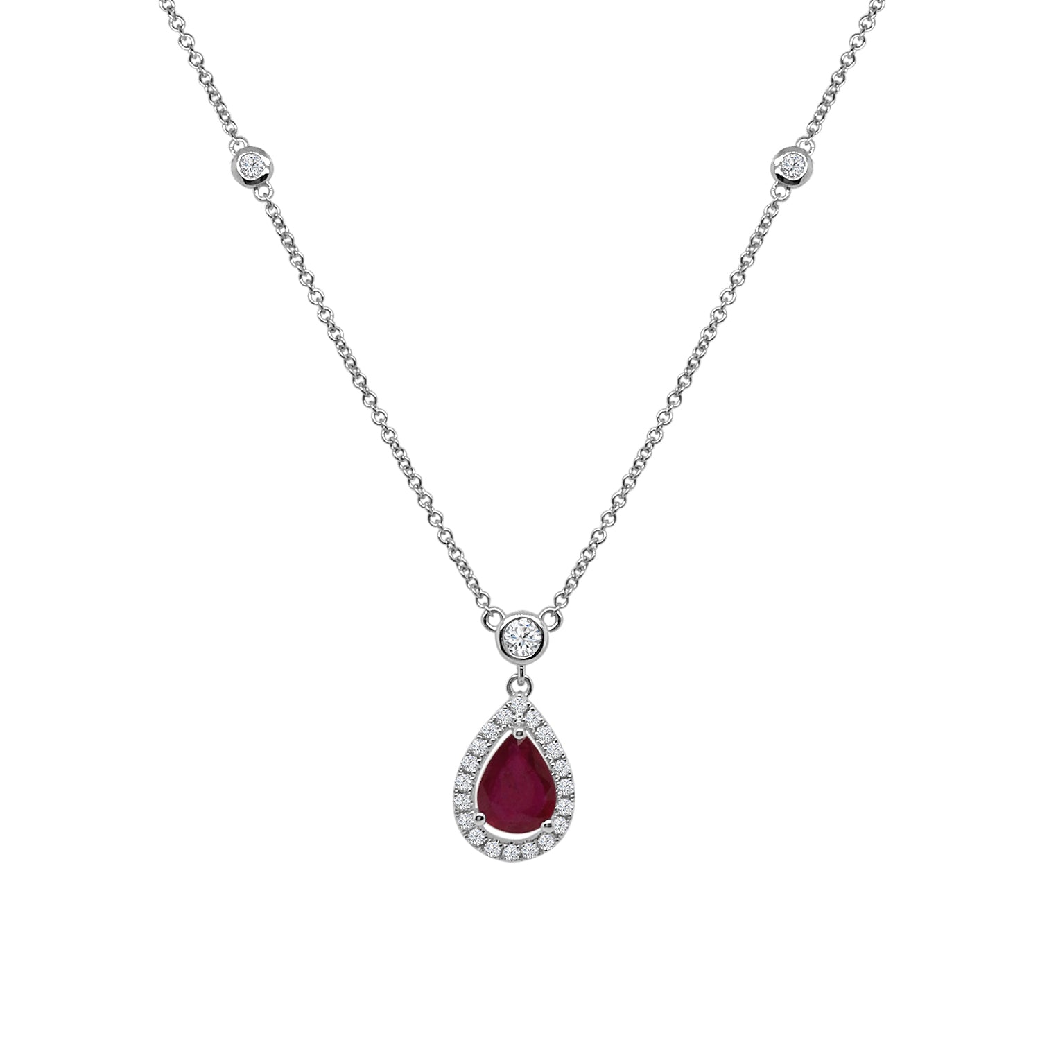 14K White Gold Ruby Pear Halo Drop Necklace - 1.12 Carat