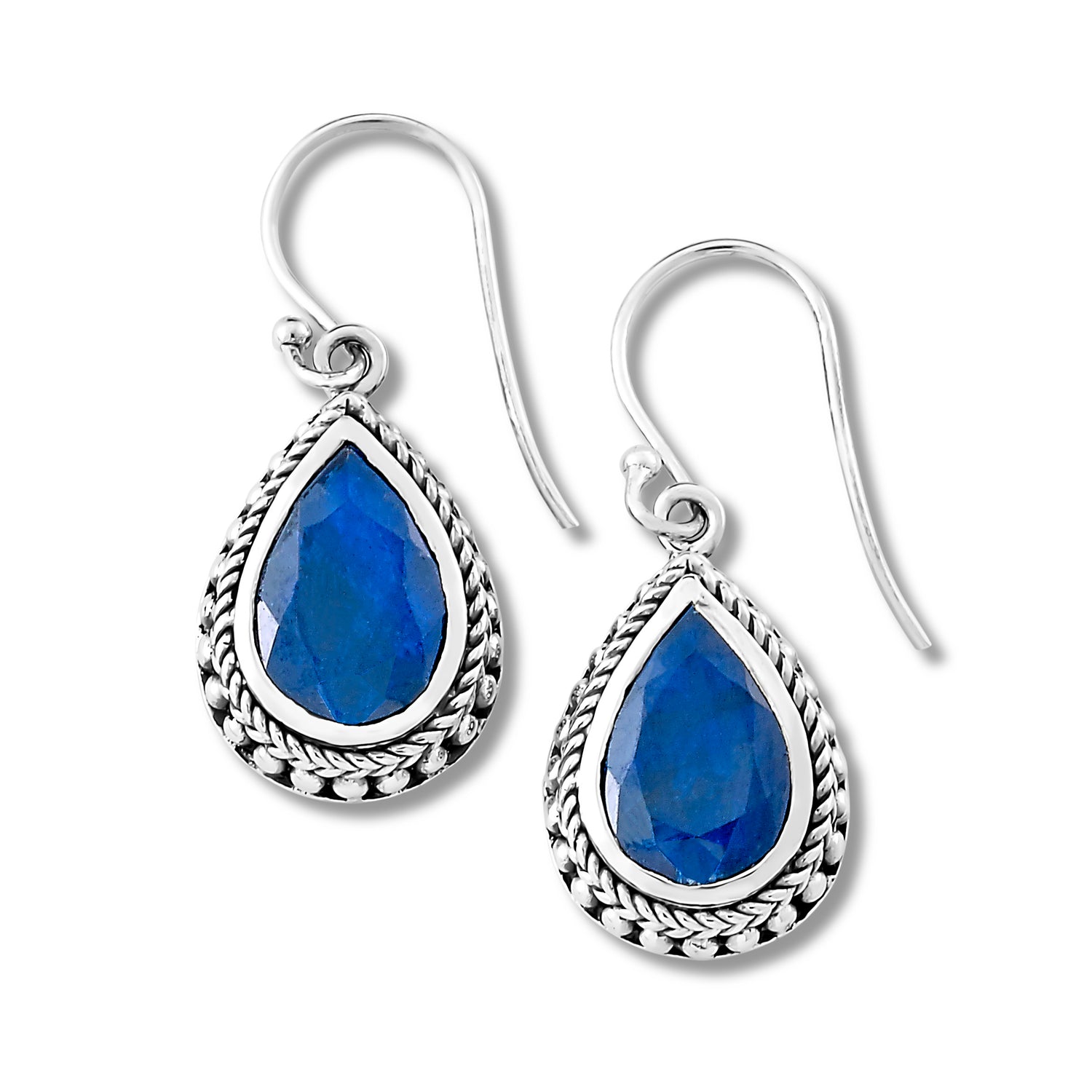 Sterling Silver Tear Drop Earrings with Blue Sapphire Accents