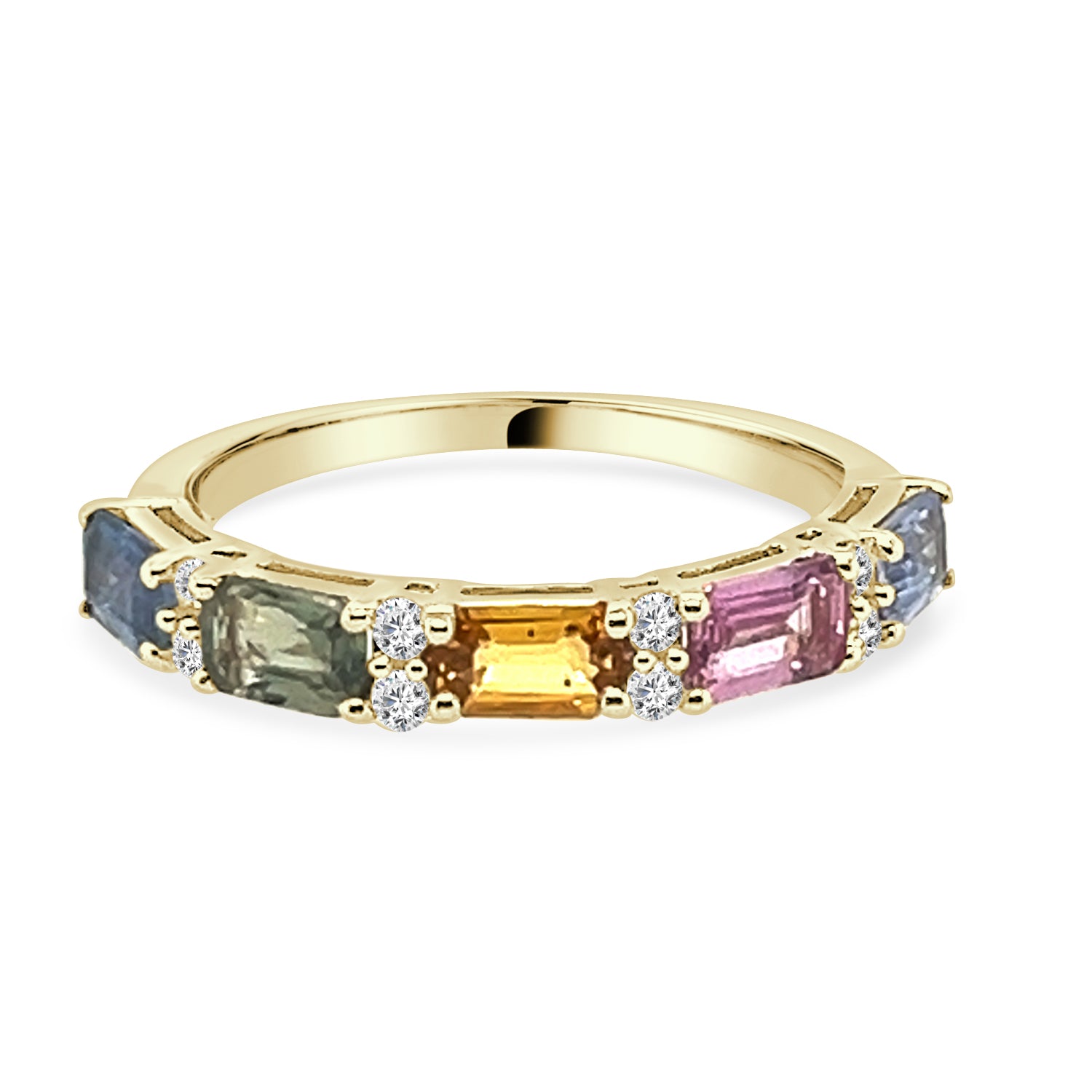Emerald Shape Diamond and Multicolor Sapphire Band in 14K Yellow Gold - 1.80 CT