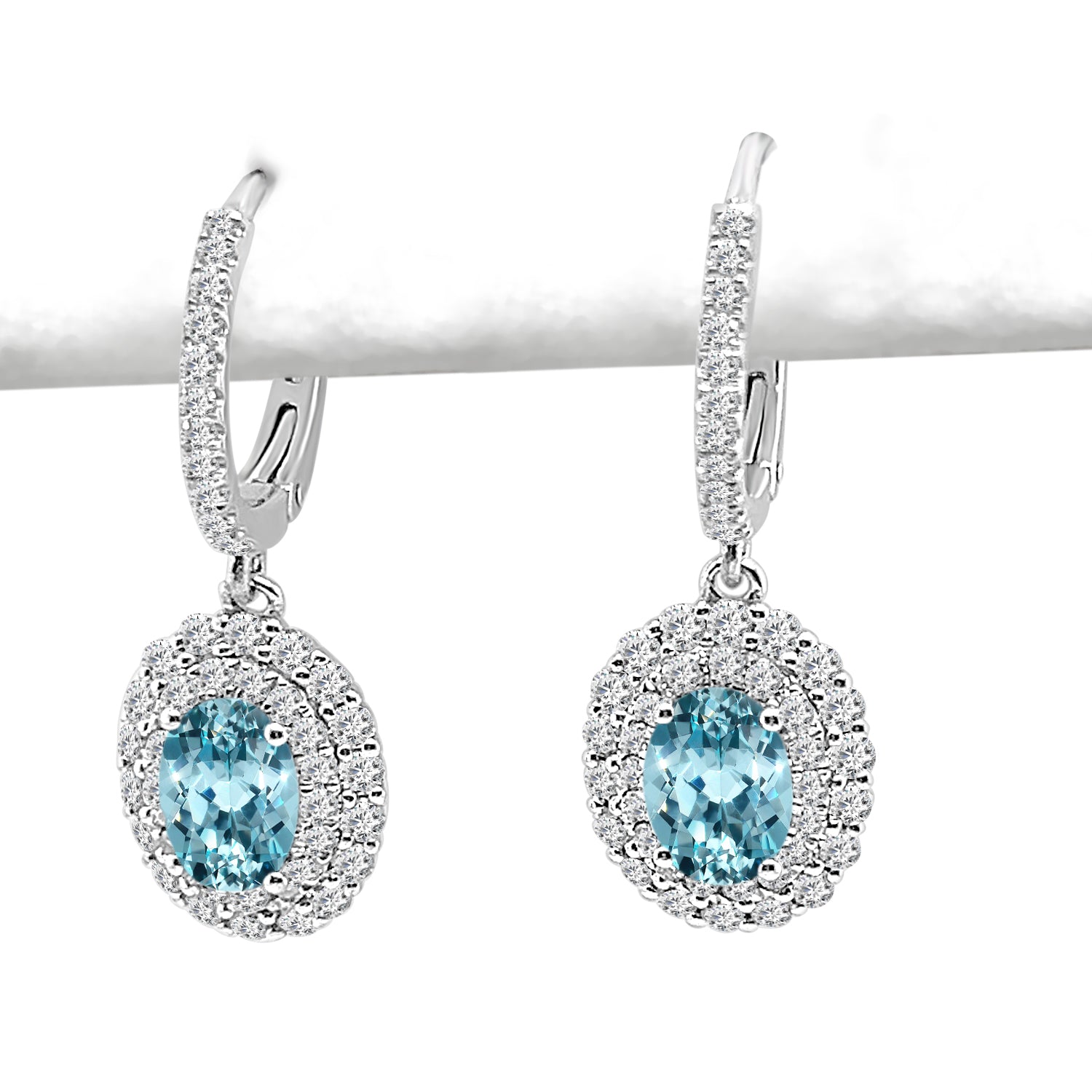 Oval Aquamarine Dia Hoop Earrings with Double Halo in 14 Karat White Gold (1.35 ct)