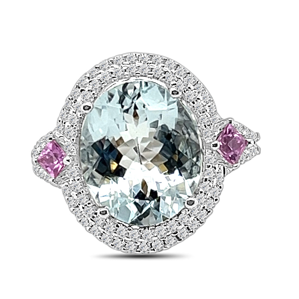 14 Karat White Gold Oval Aquamarine Ring with Split Shank and Halo Setting (4.25 ct)
