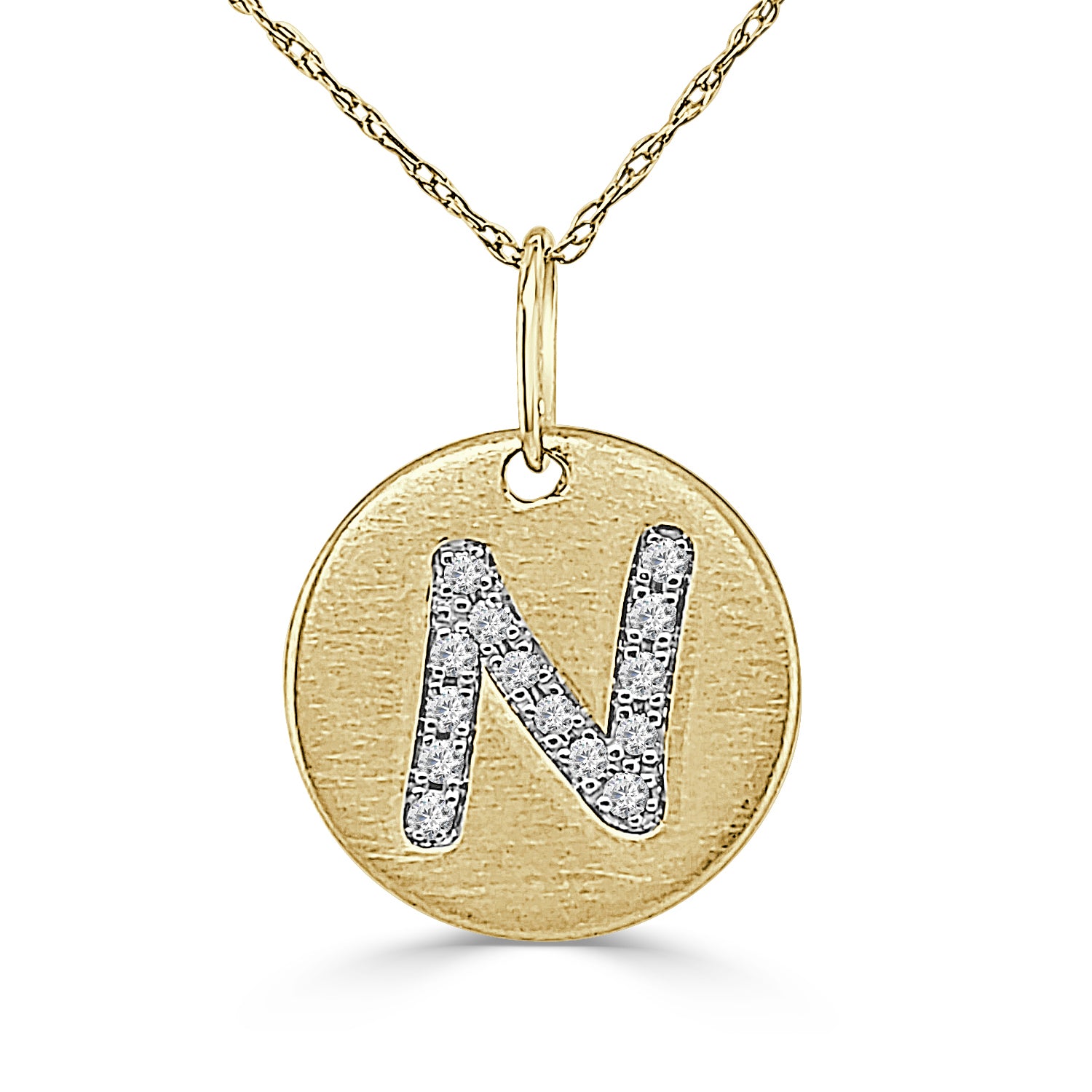 14K Yellow Gold Round Initial N Necklace with Natural 0.07 Diamond
