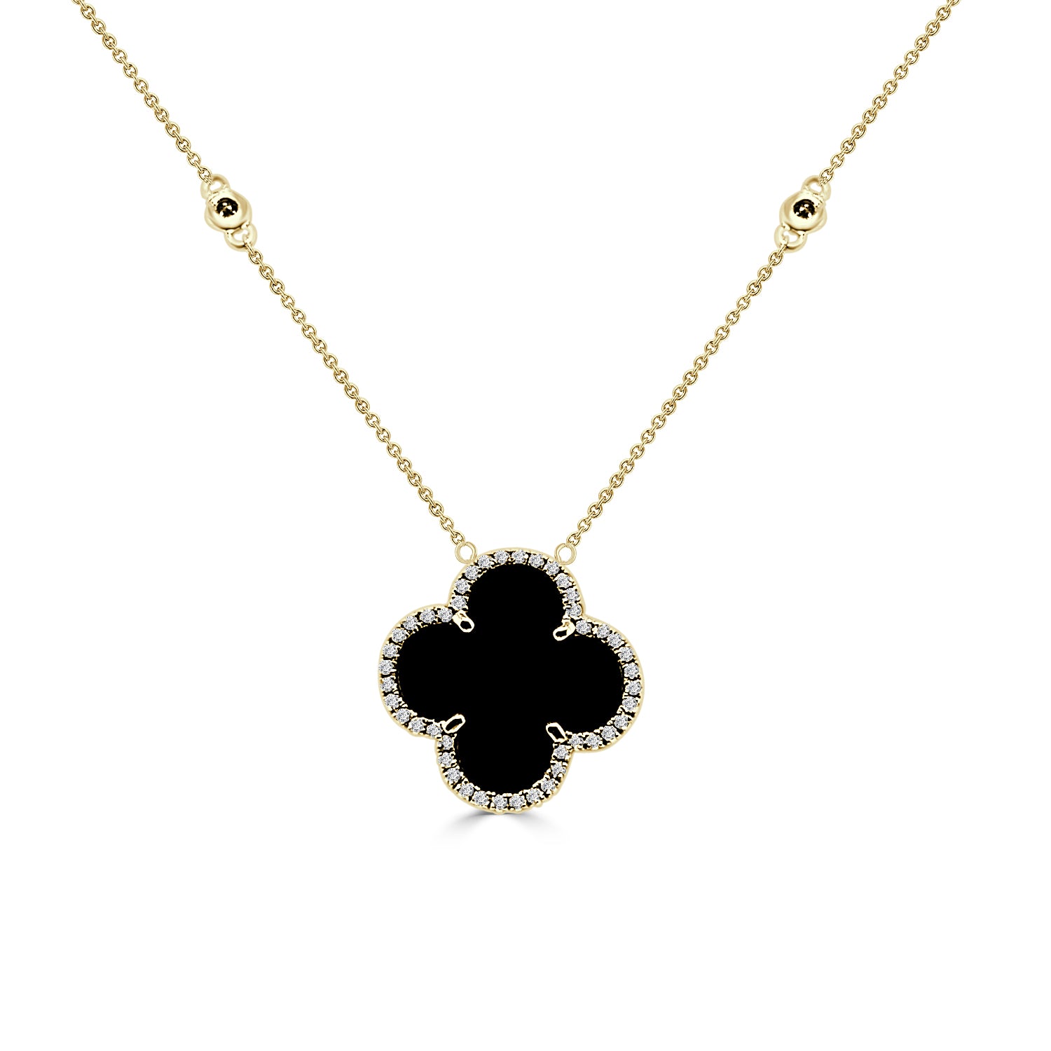 14K Yellow Gold Onyx Station Chain Necklace with Black Cover Pendant (2.73)