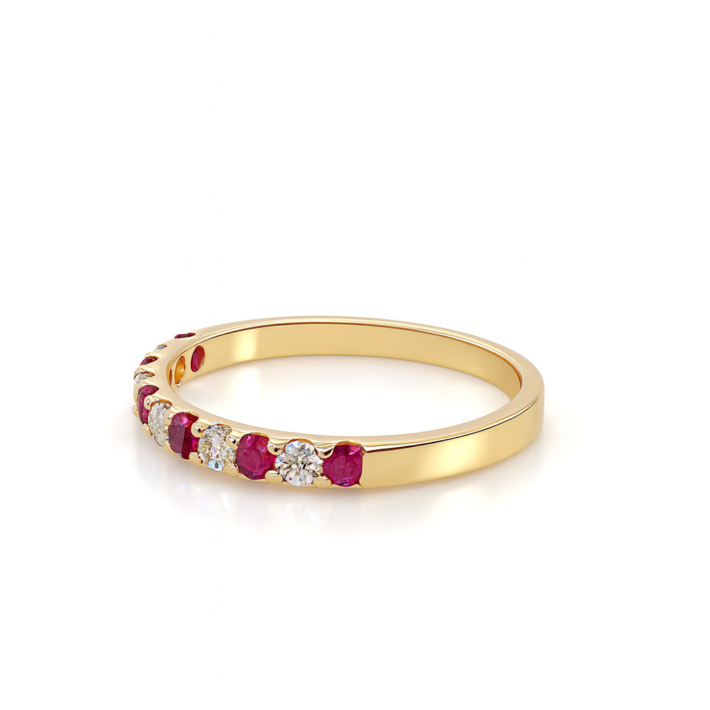 14K Yellow Gold Ruby and Diamond Straight Band Ring - Round 0.3ct Ruby