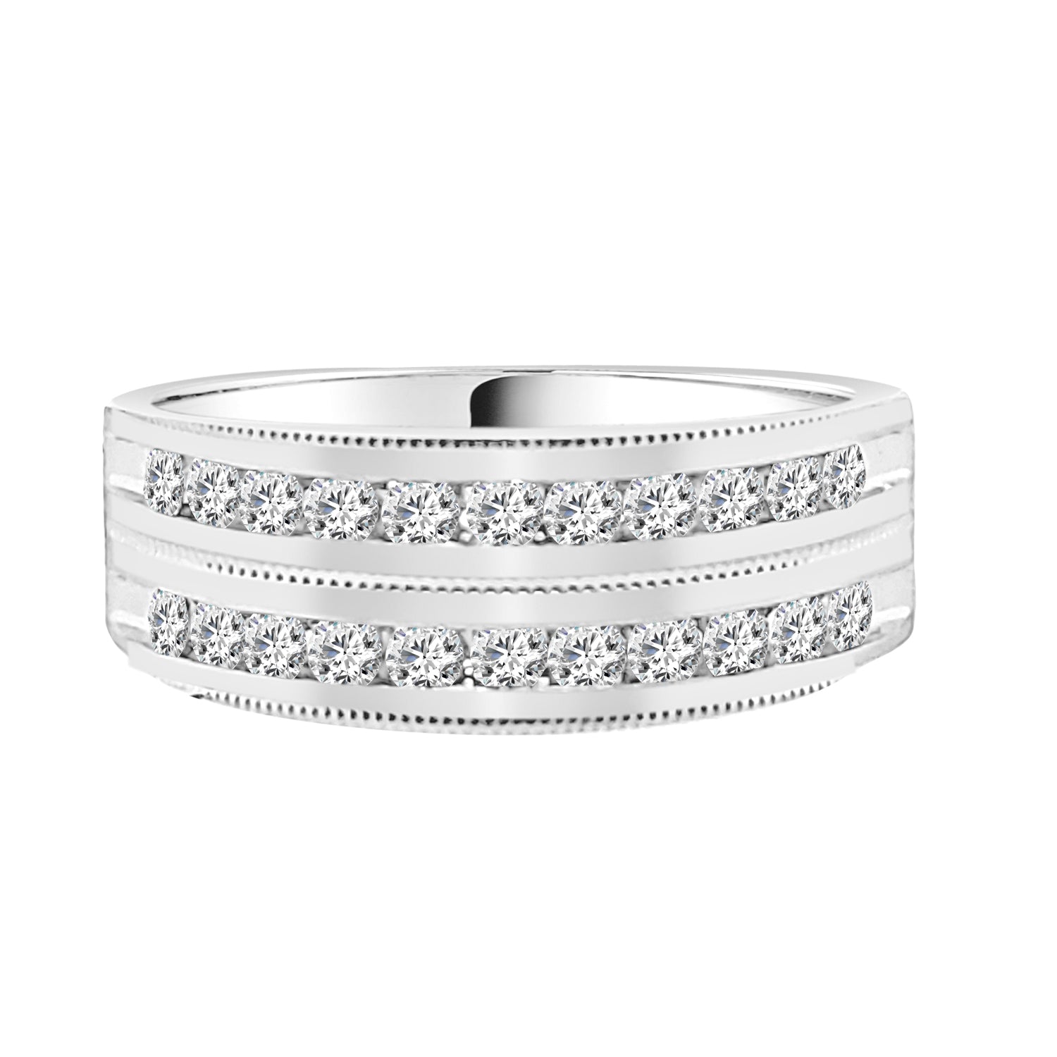 10K White Gold 2 Row Milgrain Wedding Band with 0.75 Carat Natural Diamond