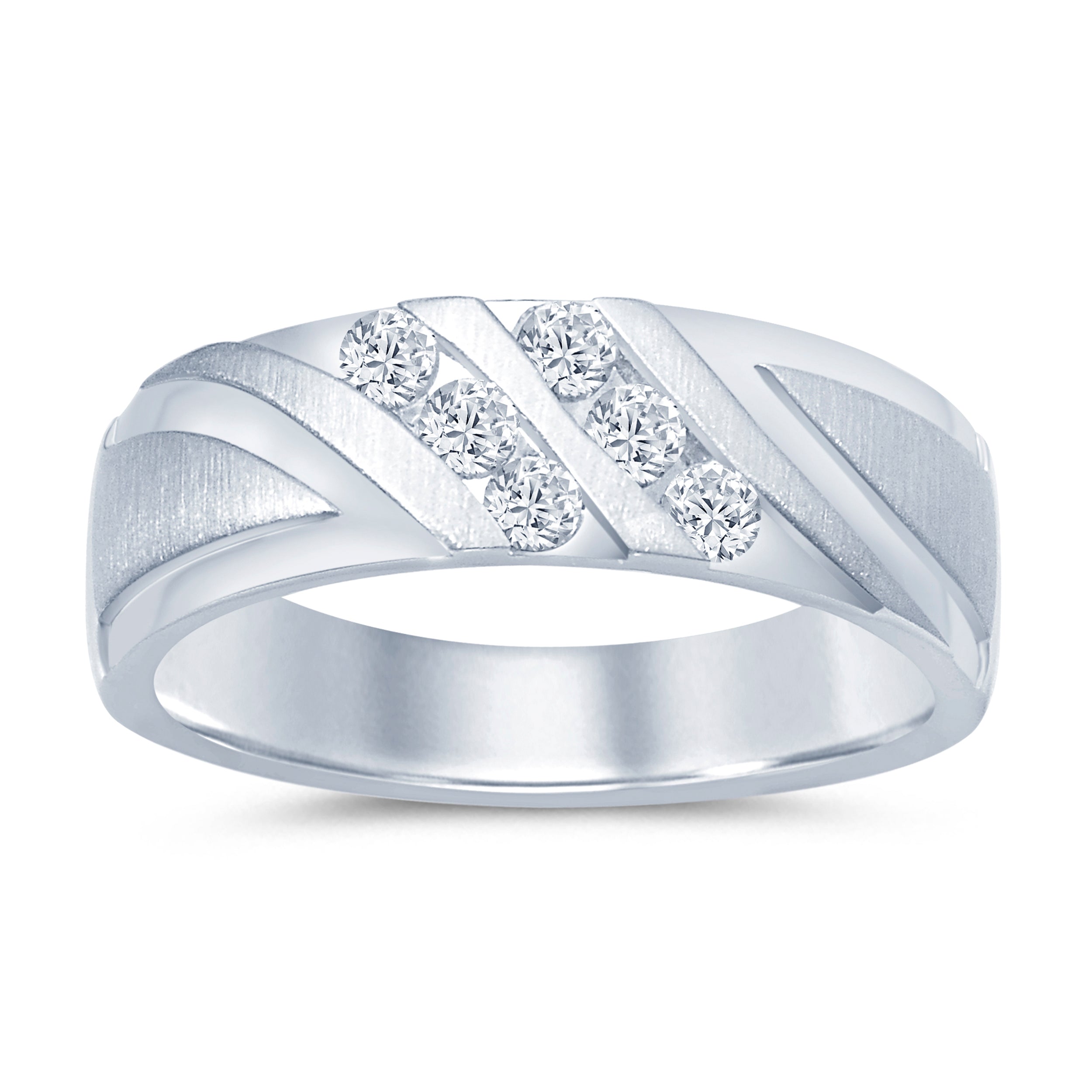 14K White Gold Natural Diamond Wedding Band with Diagonal Satin Fancy Design - 0.38 Carat