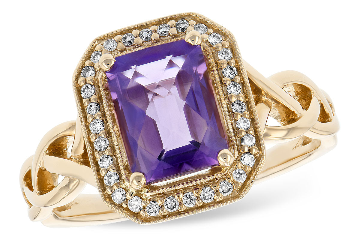 14K Yellow Gold Braided Shank Emerald Halo Ring with Amethyst (1.42 ct)