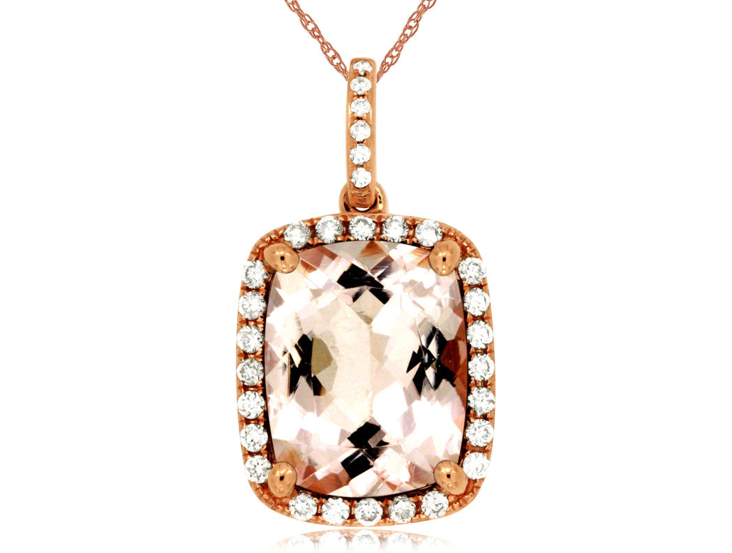 14K Rose Gold Halo Diamond Cable Necklace with Cushion Morganite and Round Diamond Accents