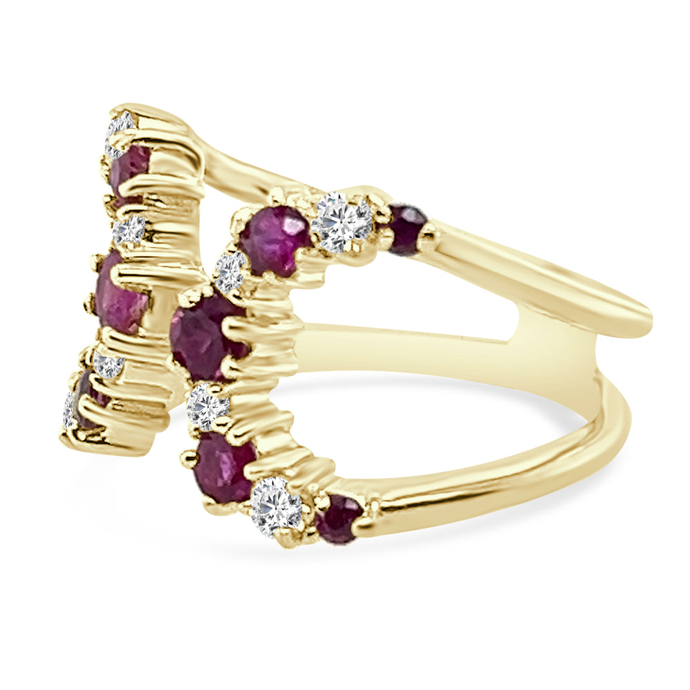 1.25ct Diamond and Ruby Open Wrap Ring in 14K Yellow Gold - Round Ruby Design