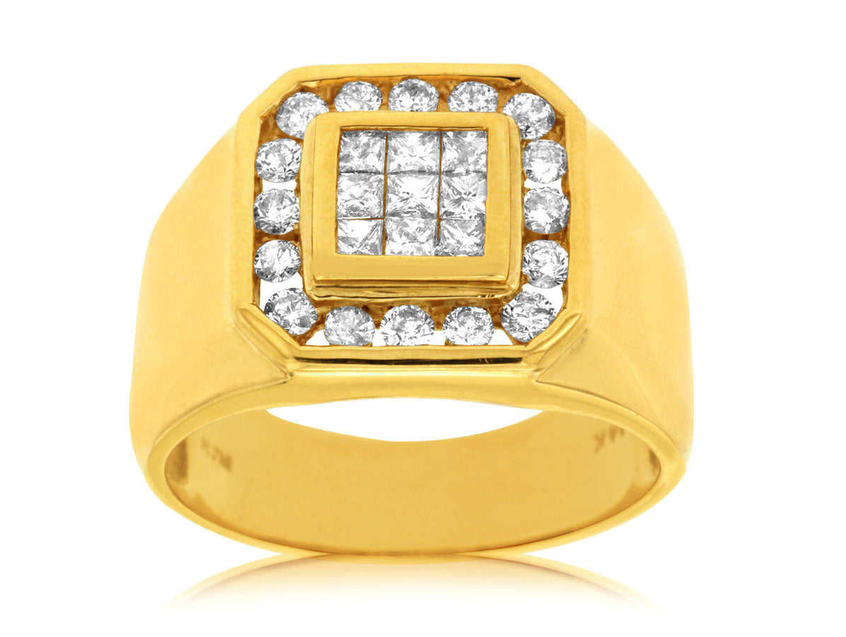 Princess Cut and Round 1.00 Carat Natural Diamond Ring in 14 Karat Yellow Gold