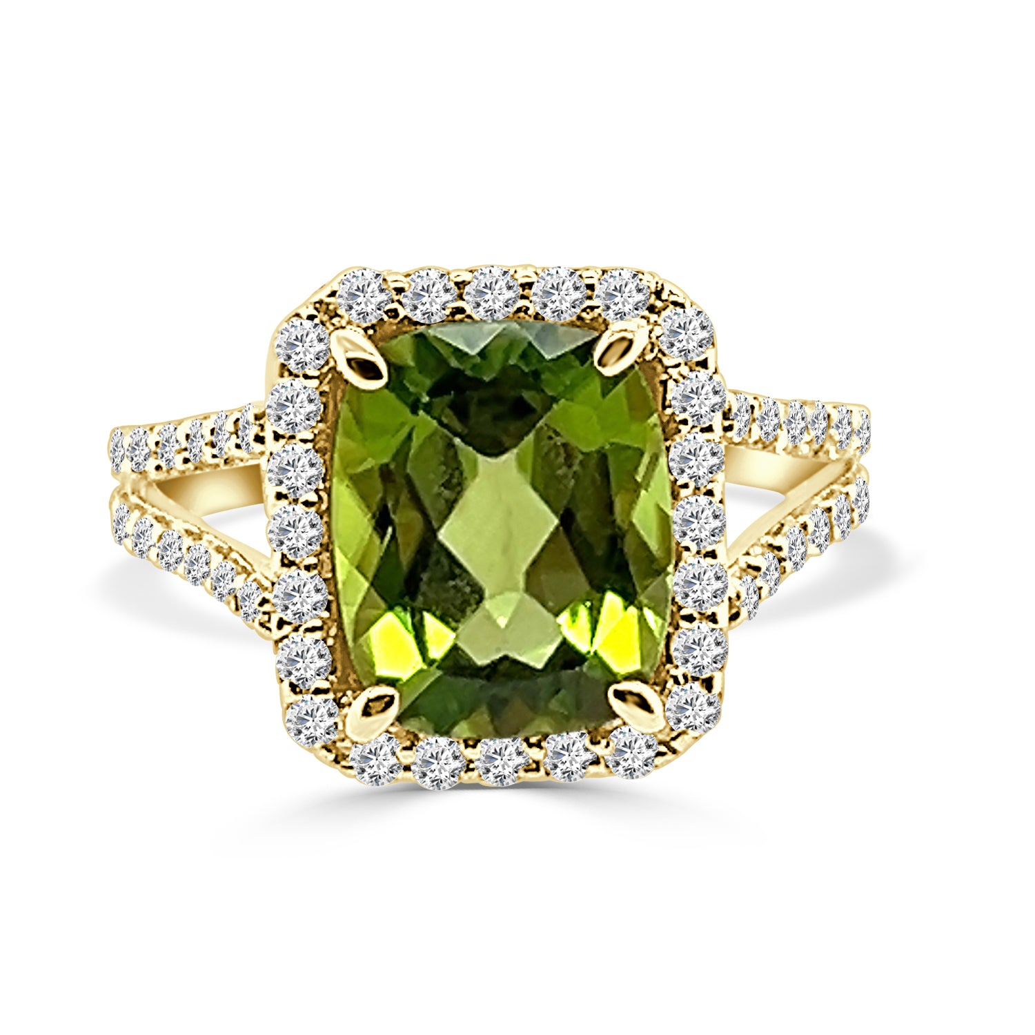Radiant Peridot Split Shank Band Ring in 14 Karat Yellow Gold (4.25)