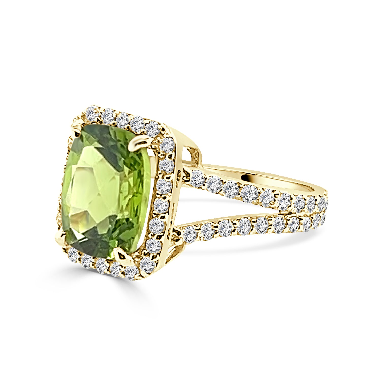 Radiant Peridot Split Shank Band Ring in 14 Karat Yellow Gold (4.25)