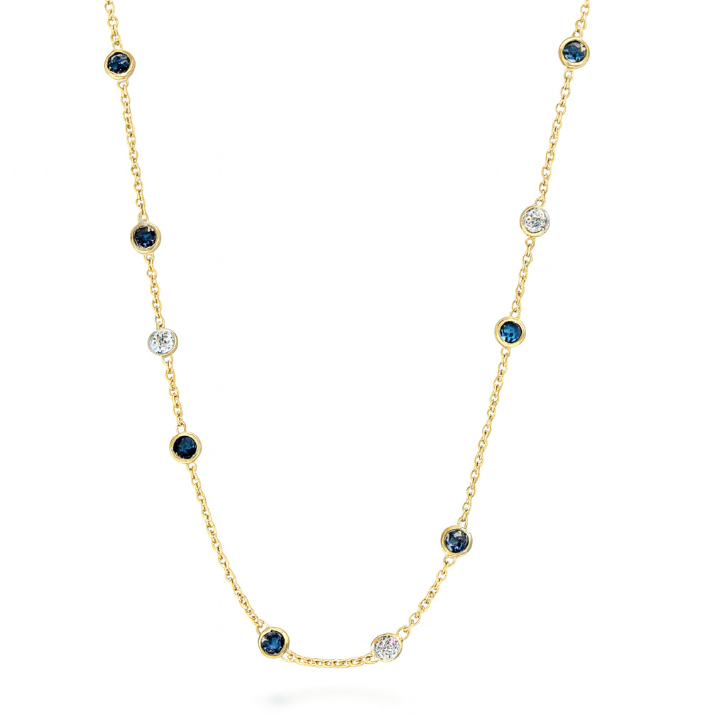 Sapphire and Diamond Station Necklace in 14K Yellow Gold with 1.38ct Blue Sapphire, Round Shape