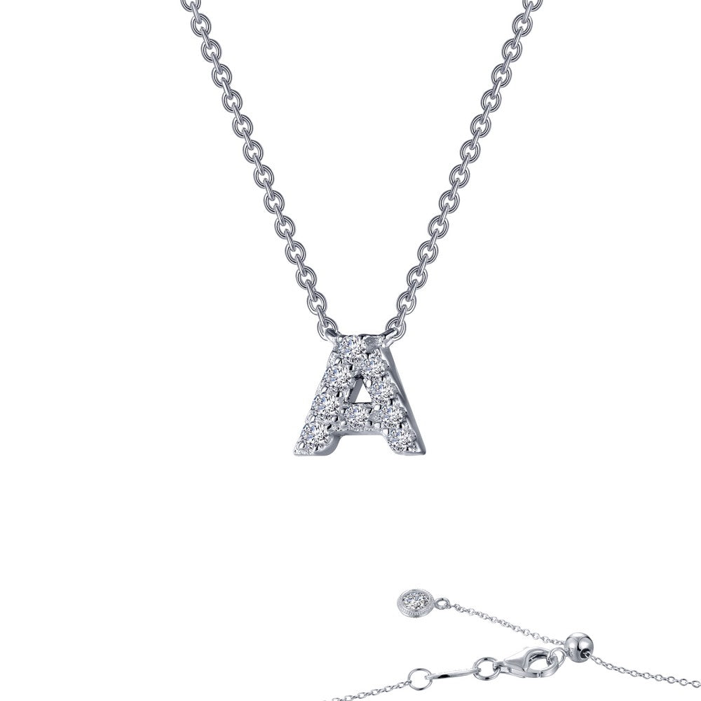 Platinum Coated Sterling Silver Block Letter A Necklace with Lassaire Stone (0.36 ct)