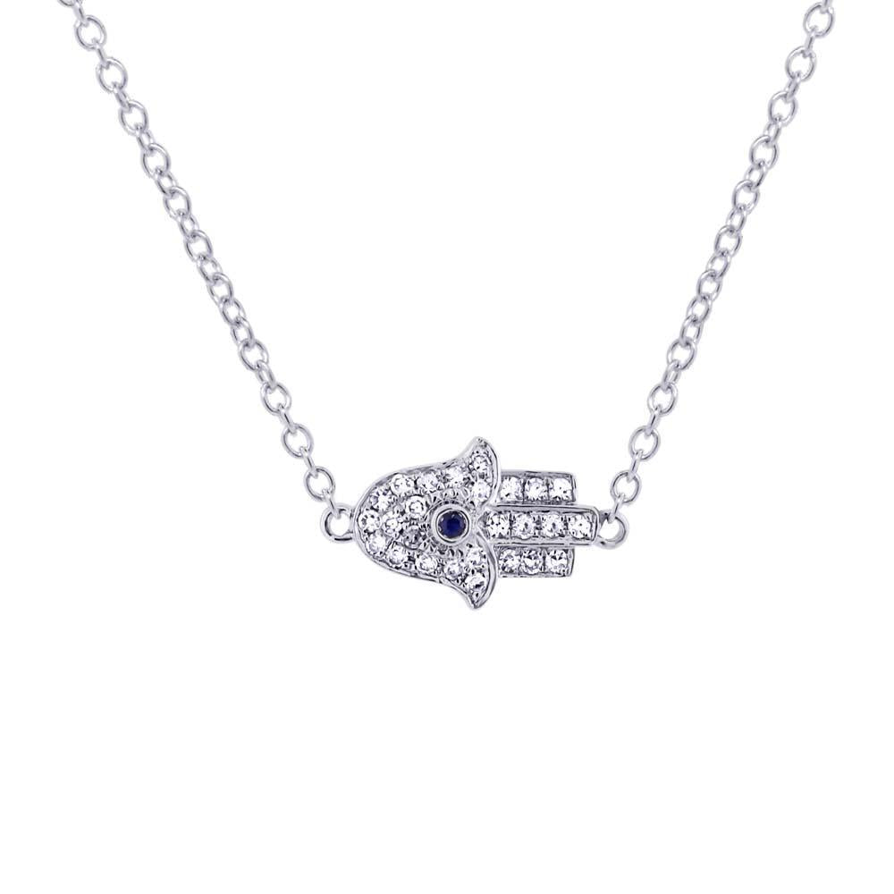 14 Karat White Gold Hamsa Necklace with Blue Sapphire Accent - 0.01 Carat