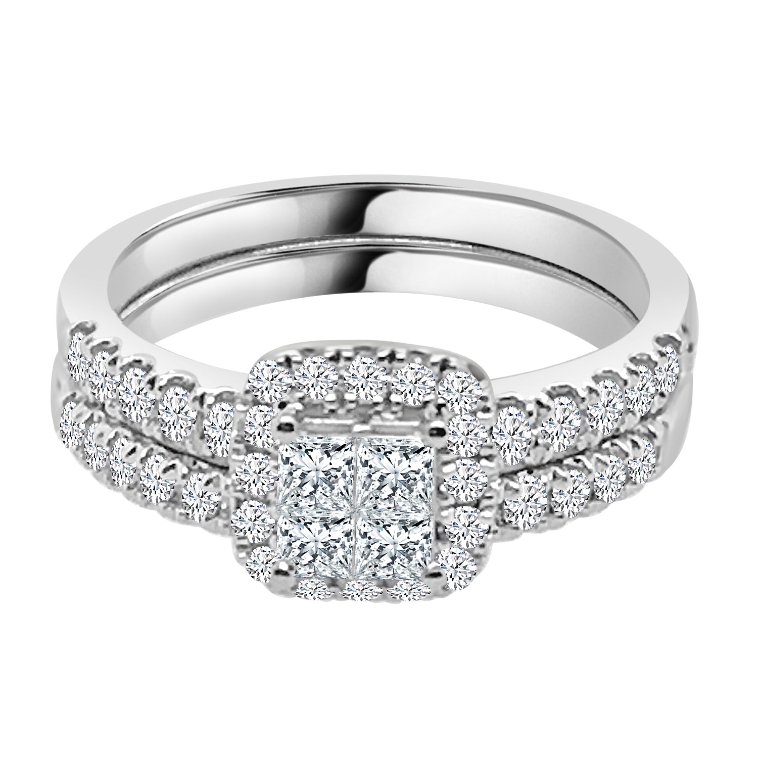 14 Karat White Gold Wedding Set with 1.02 Carat Natural Diamond Cluster