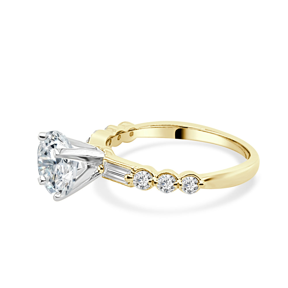 14K Yellow Gold Bezel Set Emerald Cut & Round Brilliant Cut Semi-Mount Engagement Ring with 0.41ct Natural Diamond