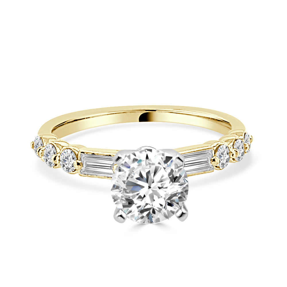 14K Yellow Gold Bezel Set Emerald Cut & Round Brilliant Cut Semi-Mount Engagement Ring with 0.41ct Natural Diamond