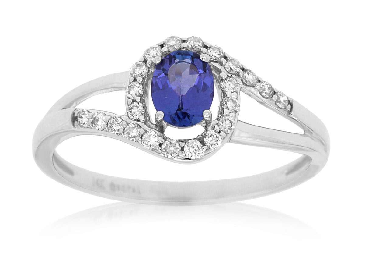 14K White Gold Tanzanite and Diamond Ring with Oval-Shaped Stone, 0.22 ct