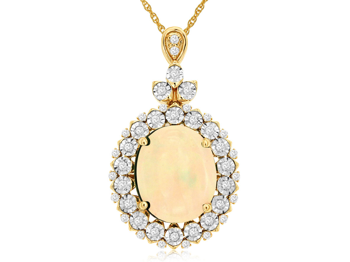 14 Karat Yellow Gold Opal Oval Halo Necklace, 3.00 Carats