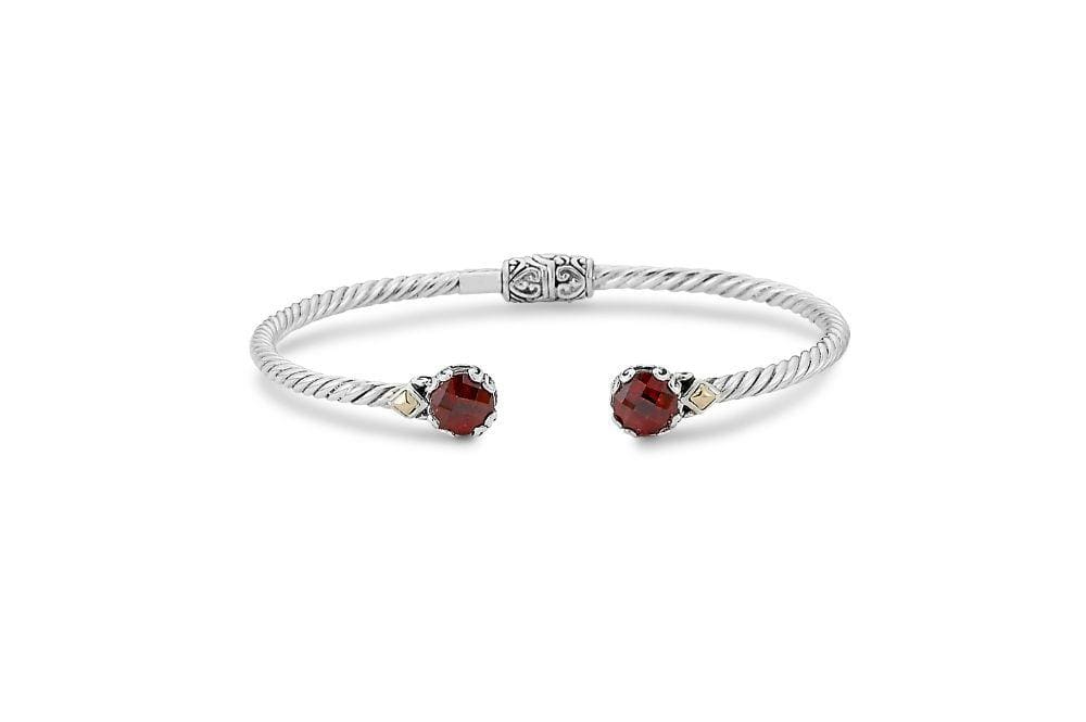 18ky Twisted Cable Hinge Bangle in Sterling Silver with Garnet Gemstone Accent