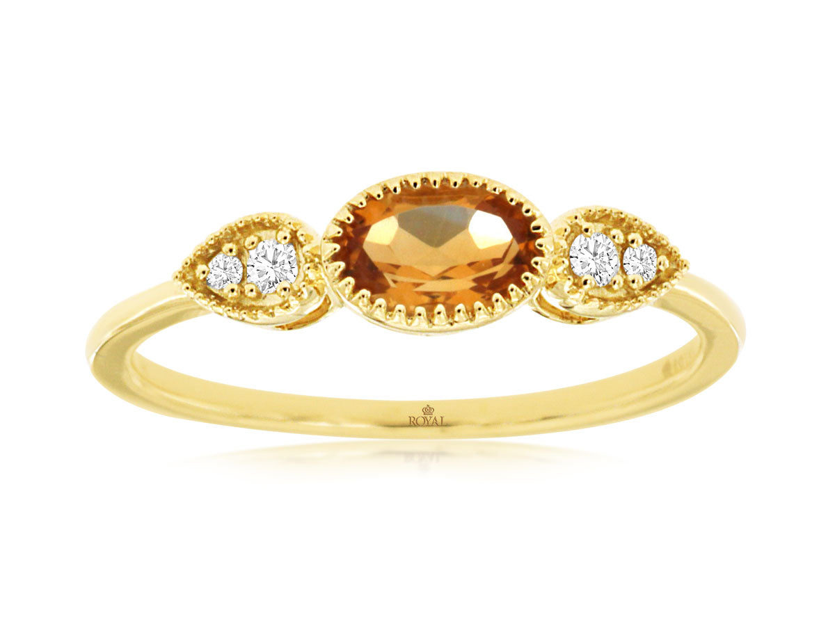 14K Yellow Gold Citrine and Diamond Oval Ring - 0.40ct