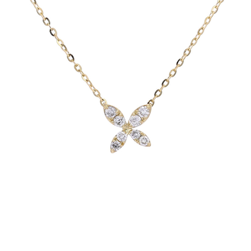 14K Yellow Gold Diamond Flower Pendant Necklace with 0.18 Carat Round Natural Diamond