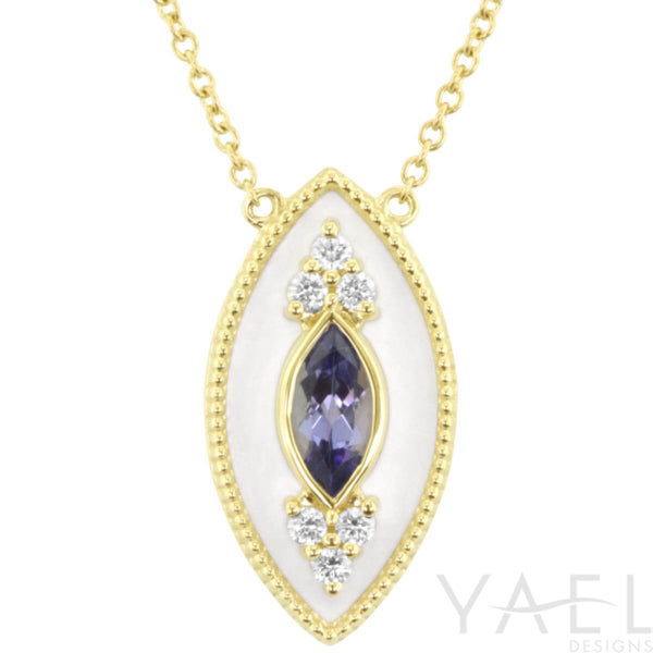 14K Yellow Gold Tanzanite Marquise Halo Necklace with White Enamel Regalia Accent