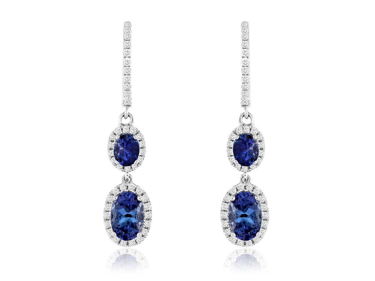 Elegant Tanzanite and Diamond Earrings in 14 Karat White Gold - Oval Shape, 1.20 ct