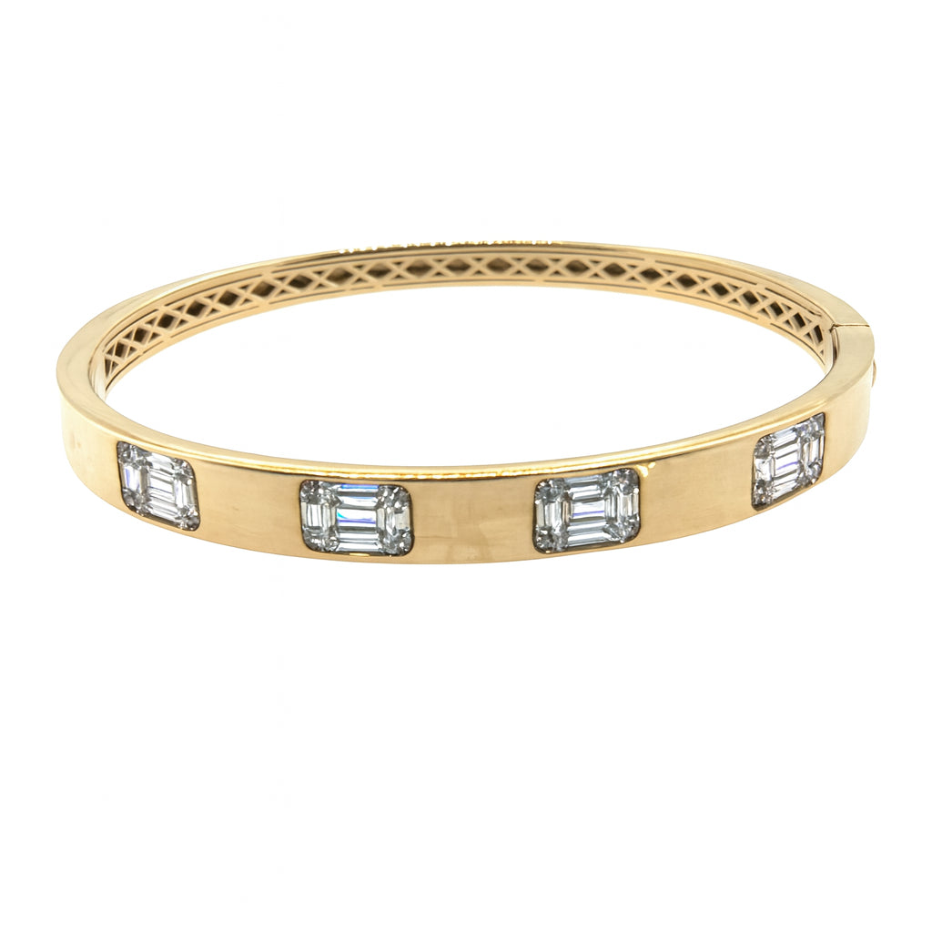 14K Yellow Gold Baguette and Round Diamond Bracelet - 0.83 ct Natural Diamond Bezel Bangle