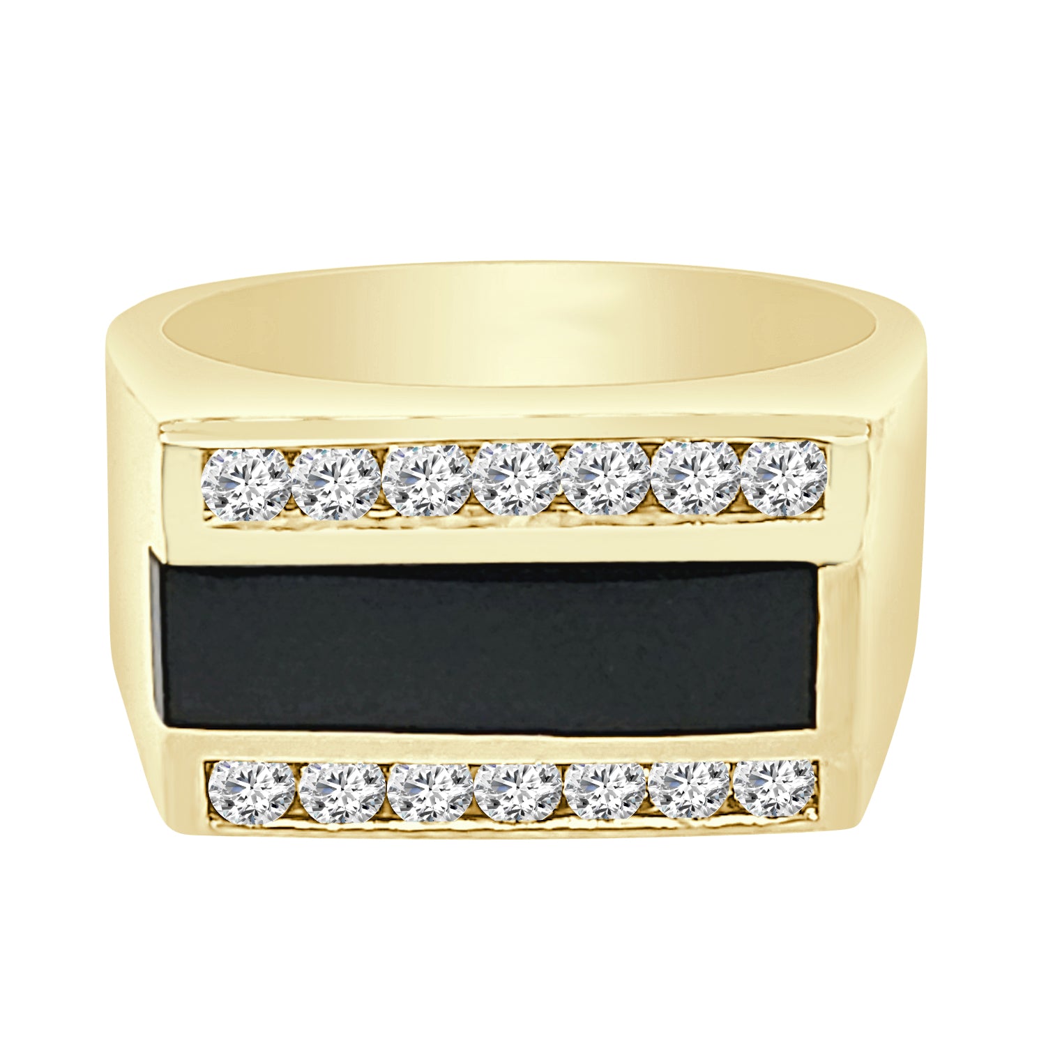 14K Yellow Gold Onyx Bar Ring with Natural Diamond - 0.63 Carats