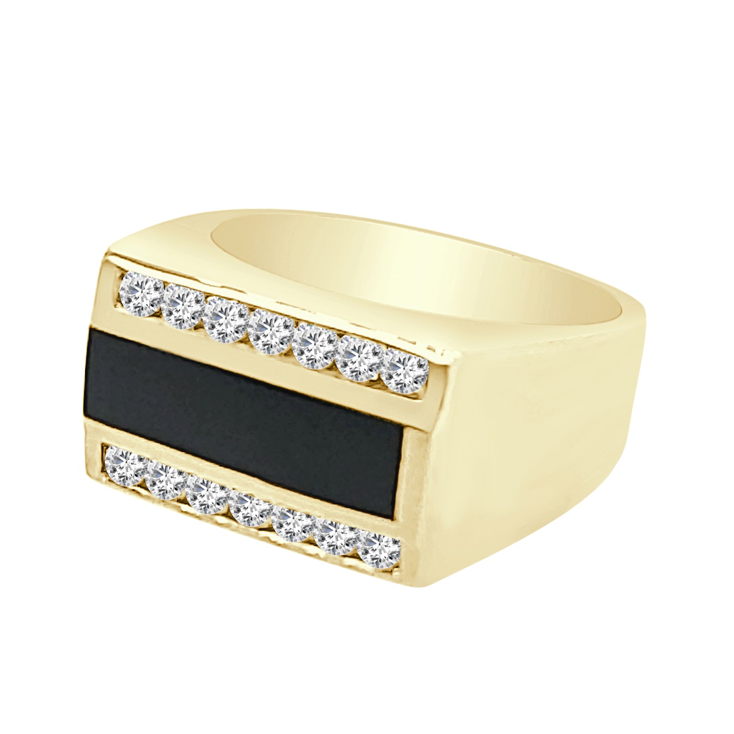 14K Yellow Gold Onyx Bar Ring with Natural Diamond - 0.63 Carats