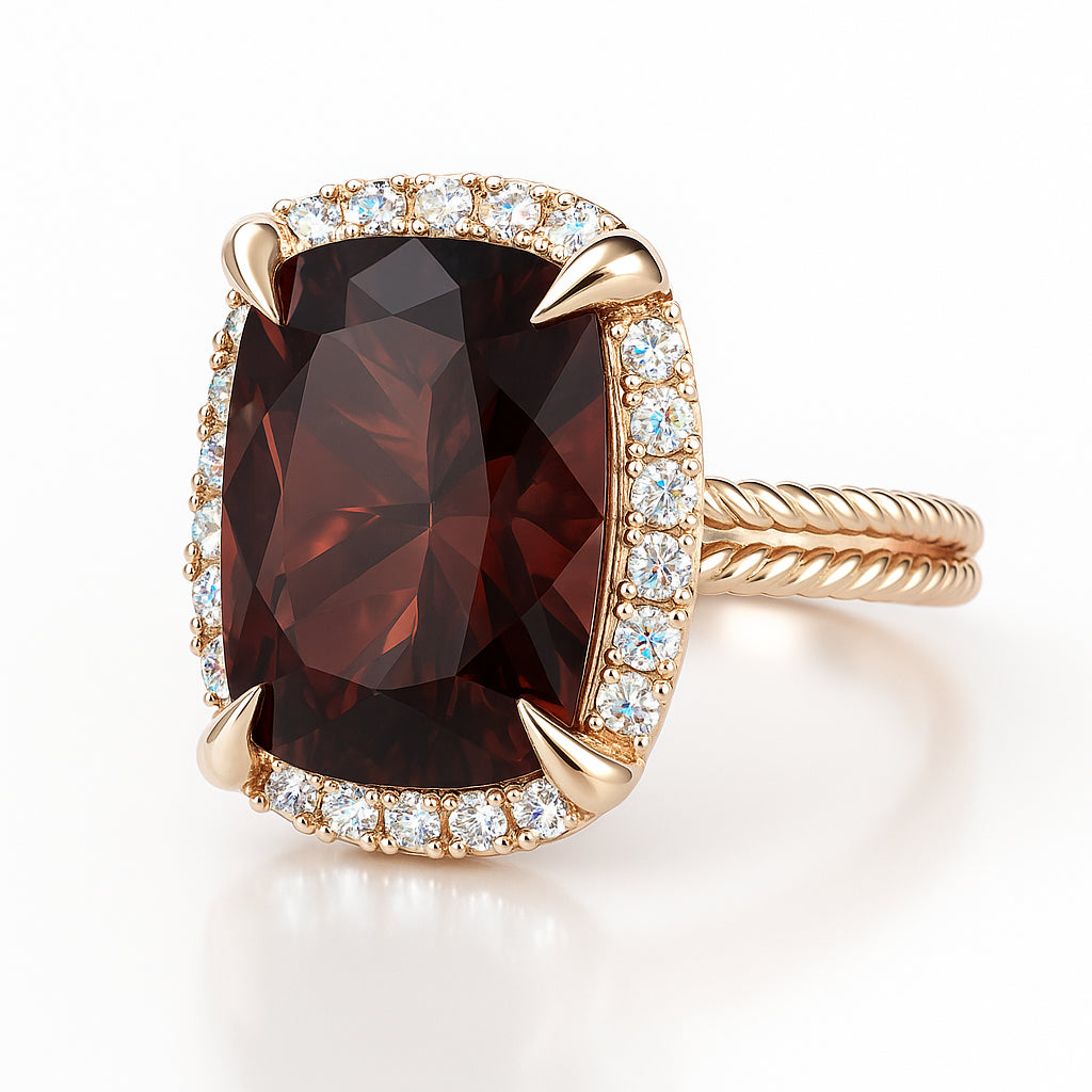 14K Yellow Gold Halo Ring with Pink Tourmaline and Woven Band
