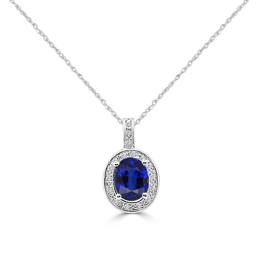14K White Gold Oval Blue Sapphire and Diamond Necklace - 2.20ct