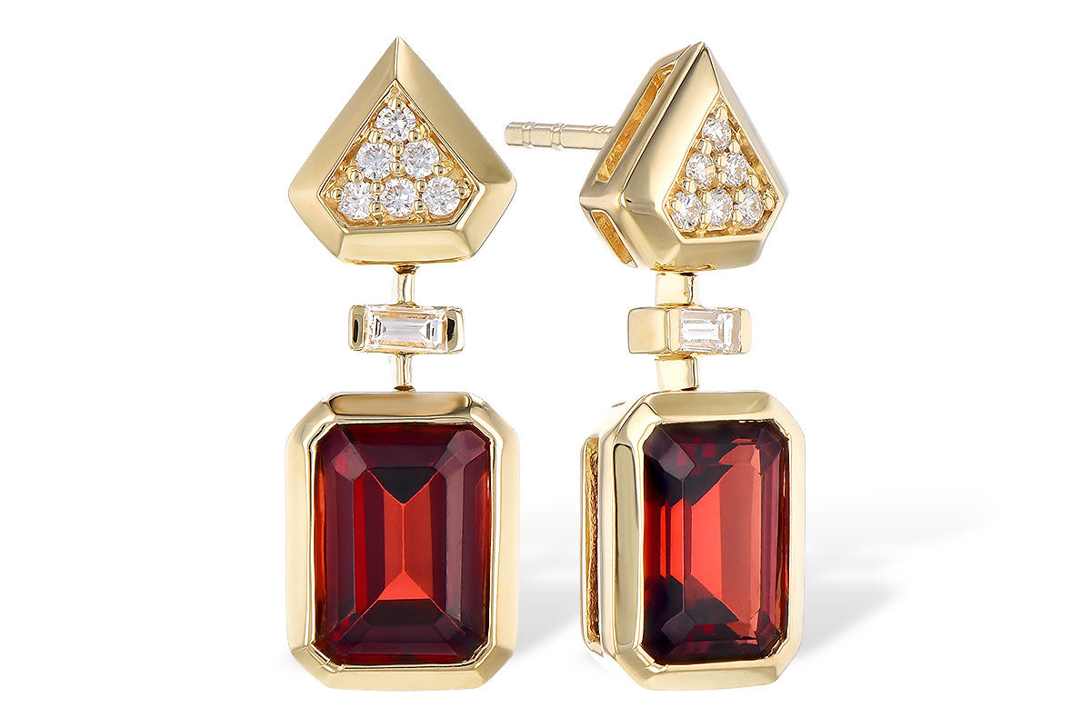 14 Karat Yellow Gold Drop Earrings with Emerald Shape Garnet, Round Gemstone and Natural Diamond Accents