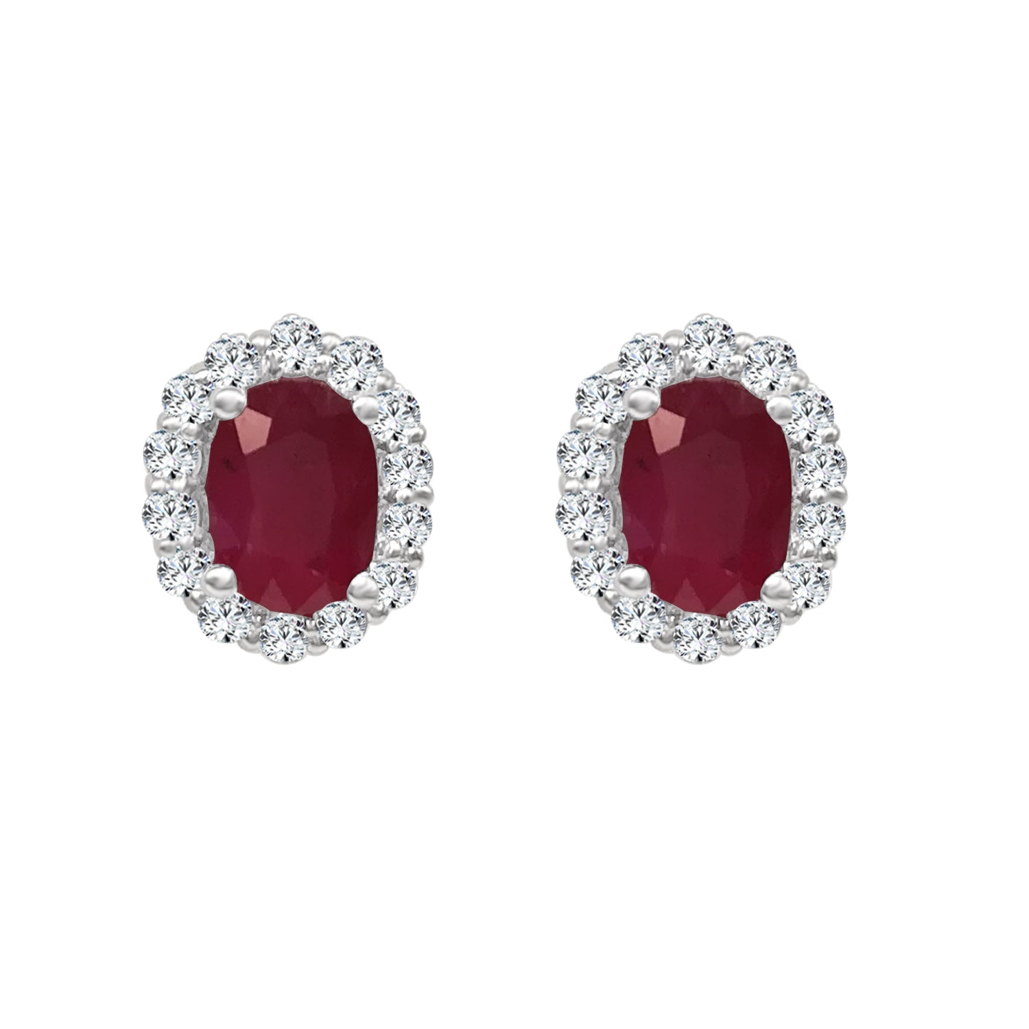 14K White Gold Ruby Halo Stud Earrings - Oval Shape 3.40 Carats